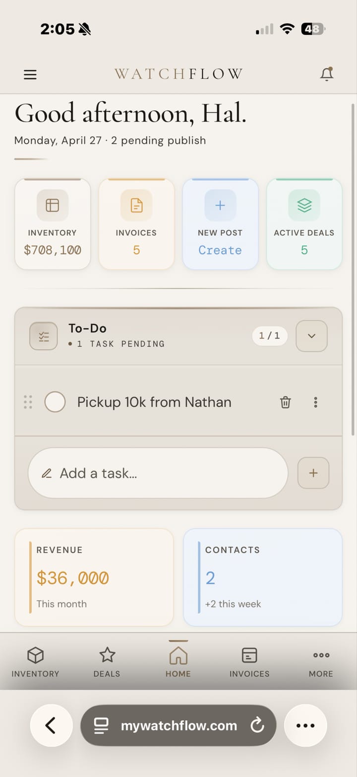 WatchFlow dashboard with KPIs, To-Do, Revenue, and Contacts