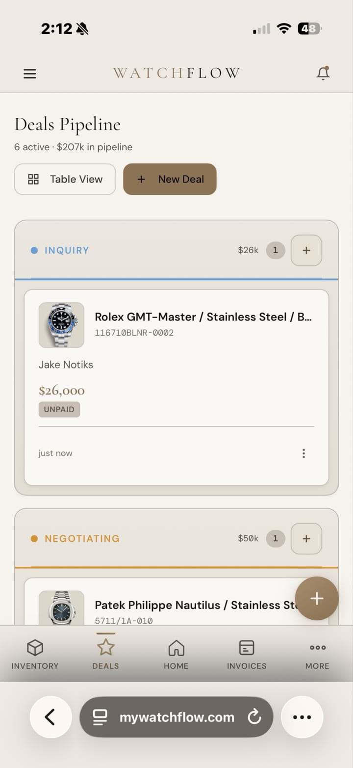 Deals pipeline kanban board with Lead, Negotiation, Agreed, and Closed columns