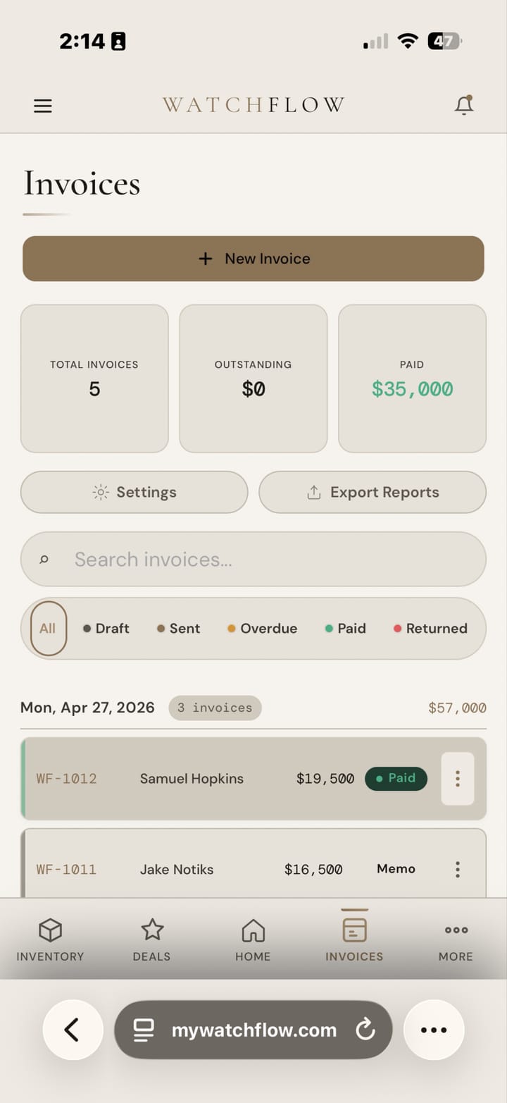 Invoice list with client names, amounts, and statuses