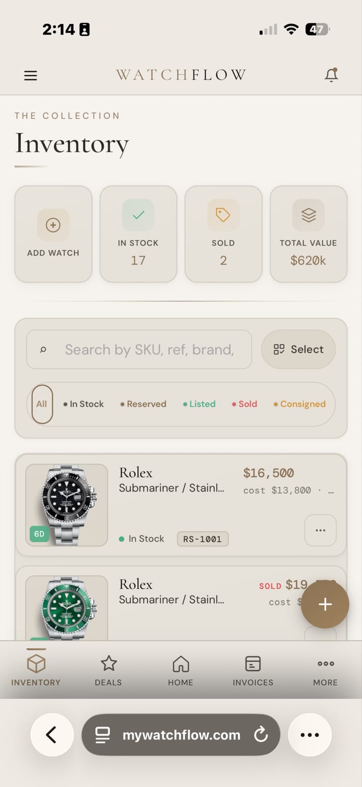 The Collection inventory grid with watches, references, and conditions