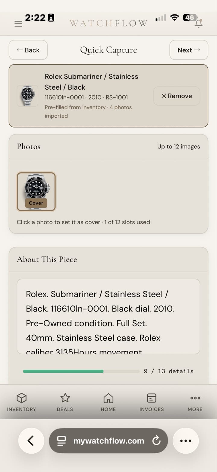 Quick Capture flow for a new listing