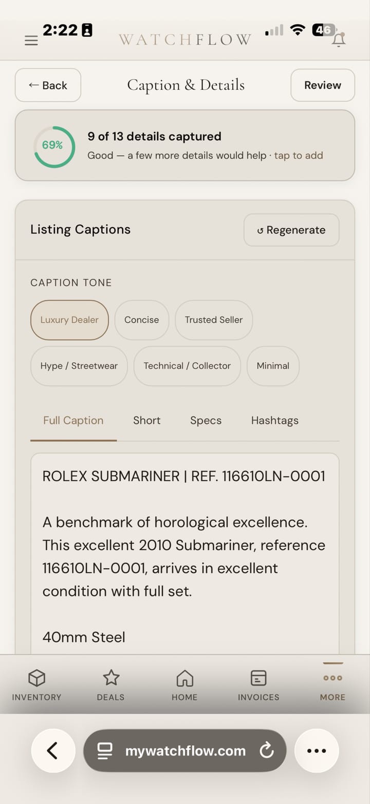 Caption and details screen with AutoCaption tone selector